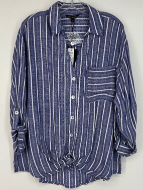 Club Z Collection Womens 1X Button Front Shirt Blue White Stripe Knot Front LS